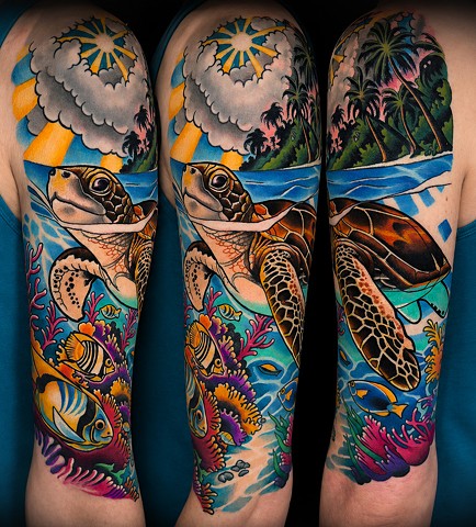 Sea Turtle Half Sleeve Tattoo by Adam Sky, San Francisco, Bay Area, California