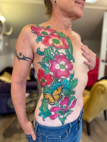 Mastectomy Scar Cover-Up Tattoo by Adam Sky, Morningstar Tattoo, Belmont, Bay Area, California