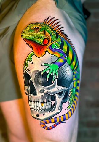 Iguana and Skull Tattoo by Custom Tattoos by Adam Sky, San Francisco, Bay Area, California
