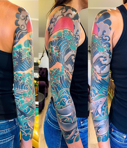 Waves and Whales Tattoo by Adam Sky, Morningsgtar Tattoo, Belmont, Bay Area, California