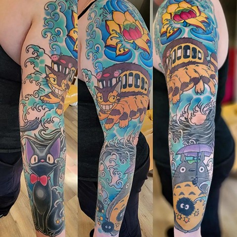 Studio Ghibli Tattoo Sleeve by Adam Sky, Morningstar Tattoo Parlor, Belmont, Bay Area, California
