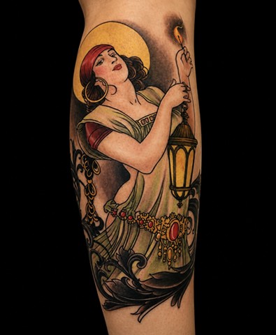 Chelsea's gypsy lamplighter tattoo by Custom tattoos by Adam Sky, San Francisco, California