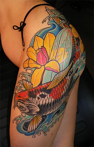 koi fish and magnolias tattoo by Custom tattoos by Adam Sky, San Francisco, California