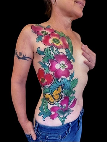 Mastectomy Scar Cover-Up Tattoo by Adam Sky, Morningstar Tattoo, Belmont, Bay Area, California