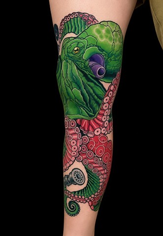 Green Octopus holding a Lightsaber Tattoo by Adam Sky, Morningstar Tattoo, Belmont, Bay Area, California