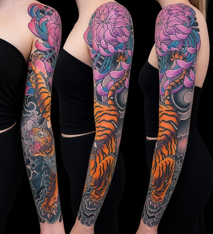 Tiger and Chrysanthemum Sleeve by Adam Sky, Morningstar Tattoo Parlor, Belmont, Bay Area, California
