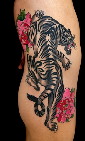 White Tiger and Peonies Tattoo by Adam Sky, San Francisco, California