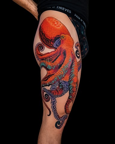 Orange Octopus Tattoo by Adam Sky, Morningstar Tattoo, Belmont, Bay Area, California