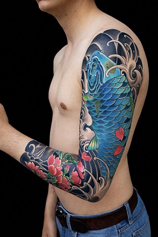 Blue Koi Fish Sleeve Tattoo by Adam Sky, San Francisco, Bay Area, California