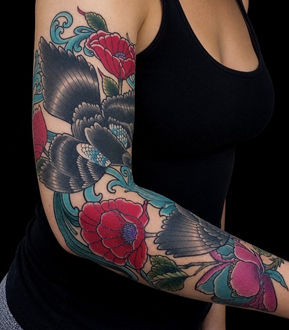 Magpies and Poppies Tattoo by Adam Sky, Hold Fast Studio, Redwood City, California