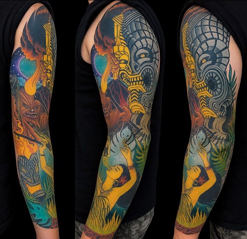 Tiki Sleeve Tattoo by Adam Sky, Morningstar Tattoo Parlor, Belmont, Bay Area, California