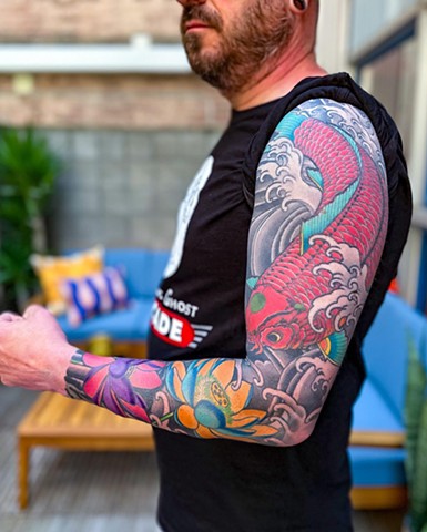 Koi Fish and Lotus Flowers Sleeve by Custom Tattoos by Adam Sky, San Francisco, California