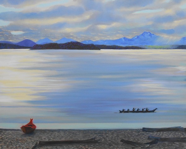 Native american boats in Alki, Painting by Patri O'Connor, The Olympic Range