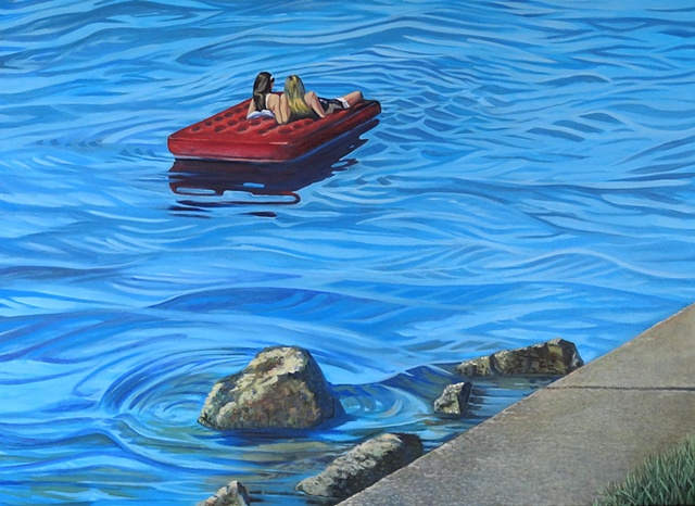 Girl friends floating on the Puget Sound.vivid color and water patterns by Patri O'connor