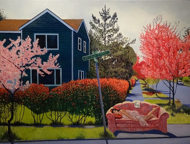somewhere in West Seattle, sofa on a curb. sleeping woman painting by Patri O'Connor