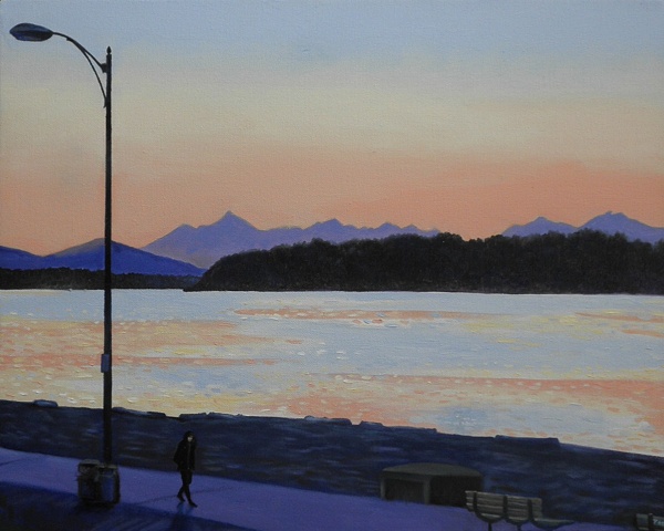 lone walker at twilight on Alki Beach painting by Patri O'Connor