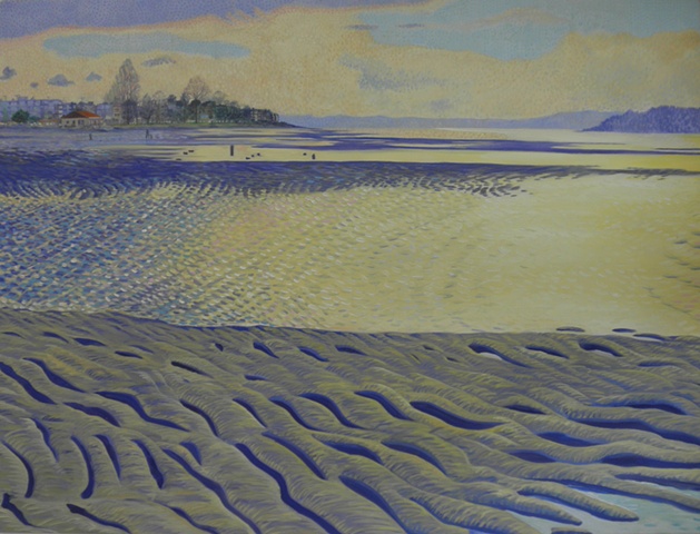 Alki bath house with winter light at lowtide painting by Patri O'Connor