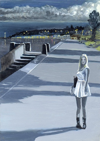 Painting of Alki beach in the moonlight by Patri O'Connor