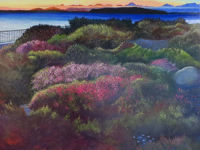 Hidden images in a painting of a garden of heather.