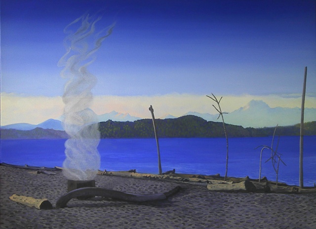 Beach structures on Alki Beach, Seattle, with campfire smoke painting by Patri O'Connor