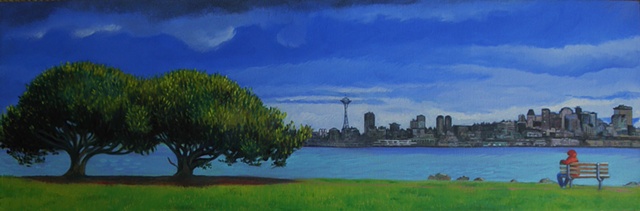 Rain on Elliot Bay, view of Seattle, painting by Patri O'Connor