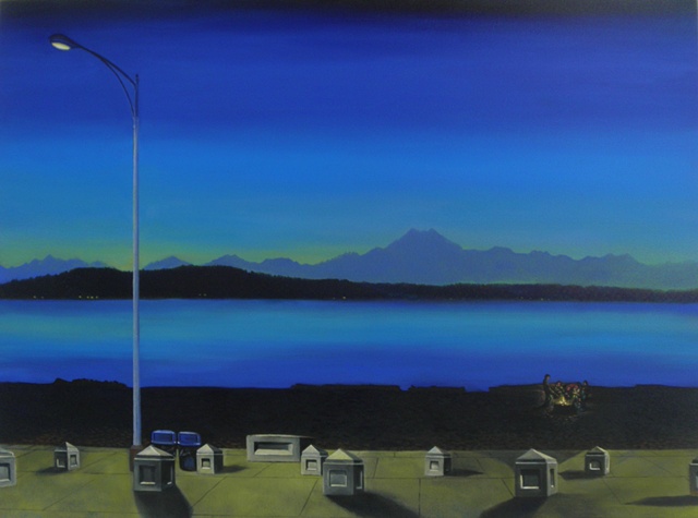 Bonfire on Alki Beach, Seattle magical evening painting by Patri O'Connor