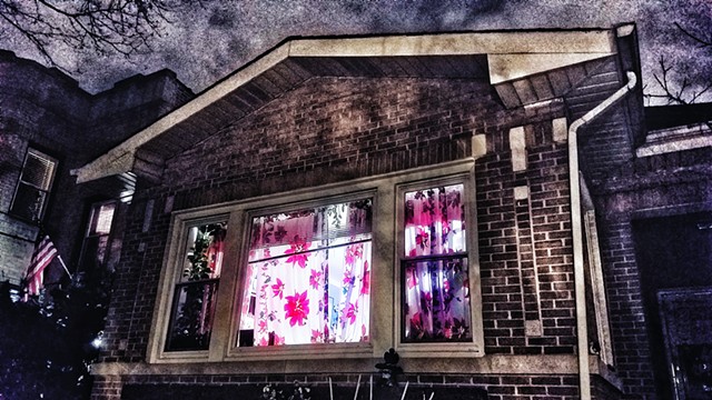 House with poinsettia curtains