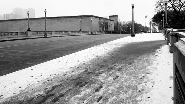 Footprints in Fresh Snow, on Jackson Street Bridge Near Grant Park