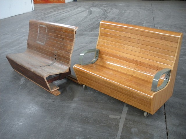 Beautifully restored 70 year old benches from the historic transbay terminal in San Francisco