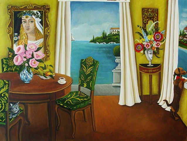 art , painting, catherine nolin, interior room painting, pink interior, paris, bouquet of flowers, chandelier
