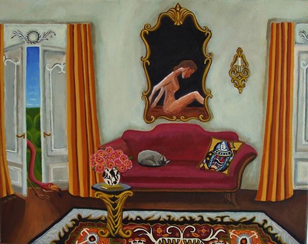 gray, interior, room, flamingo, bird, garden, nude woman, tonkinese cat, catherine nolin