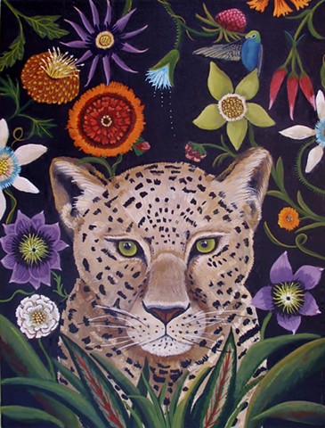leopard painting, animal art, catherine nolin, flowers, jungle theme, painting, still life