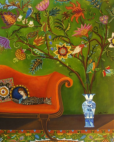 botanical cats couches painting