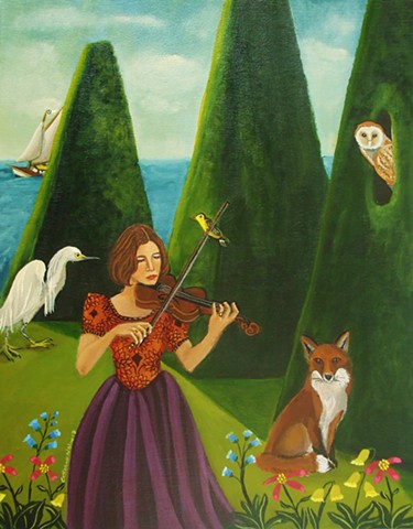 art, painting of violin , landscape, catherine nolin, the ocean, sea, sailboat painting, animal painting, fox painting.