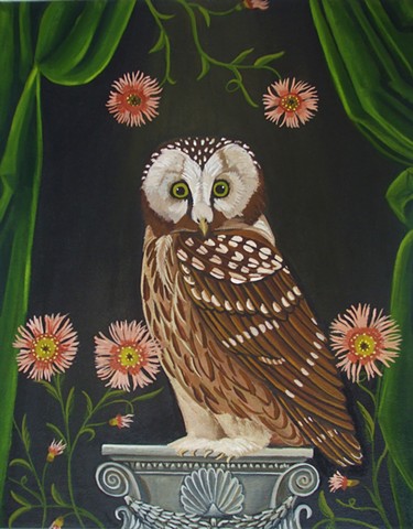 owl painting, catherine nolin, evening, art, original painting 