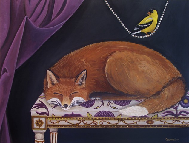fox, painting, catherine nolin, art, french chair, pearls, gold finch. 