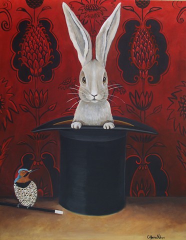 still life bunny art, animal painting, catherine nolin, original painting, top hat