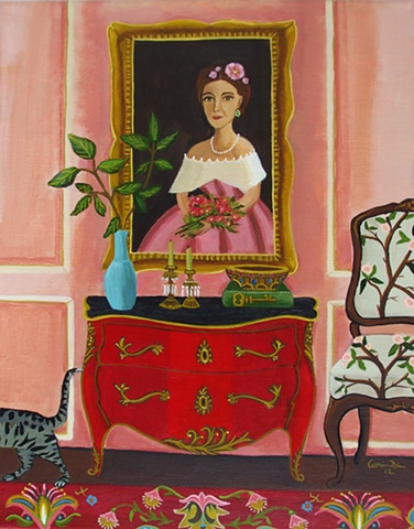 painting, catherine nolin, art, painting of room, tiger cat