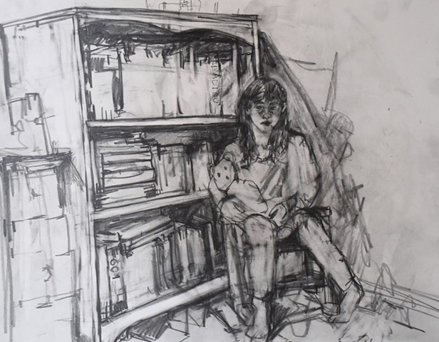 Drawing of Izzy Bear and Book Shelf