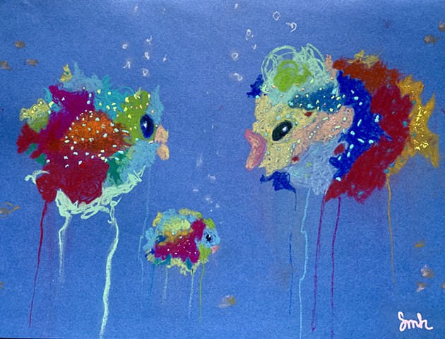 Original soft pastel and ink drawing, featuring little fish, on archival paper