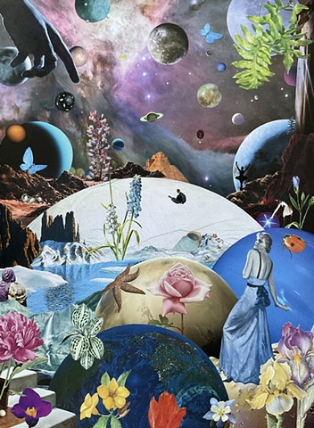 Trippy, psychedelic cosmic collage art inspired by a dream of a blue siren in the starry universe