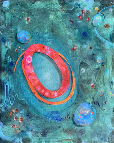 A beautiful turquoise colorfield with texture, ghostly images, and a big red abstract circular mark. Mitochondria and familial ties