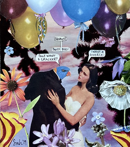 Polly want a cracker? Not in this doomed marriage. But let the party go on in this humorous analog collage.