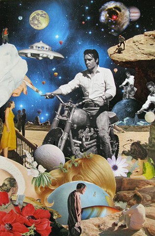 Elvis Presley and some clones ride in space on their motorcycles, Cosmic Art, Otherworldly, Surrealism