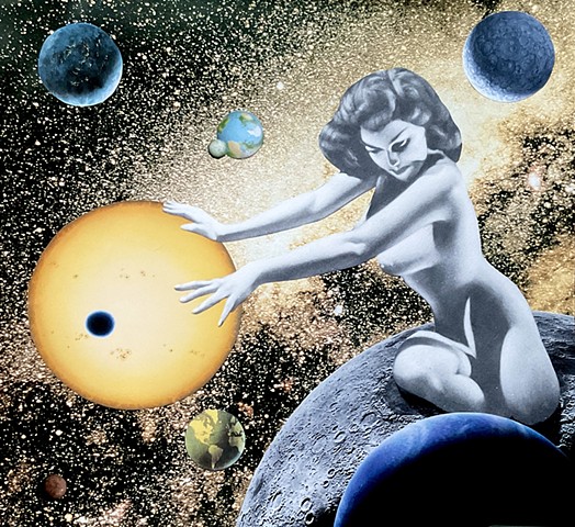 Trippy, psychedelic cosmic original hand-cut collage art, featuring a sun siren blocking out some harmful rays, in a sunny, starry universe.