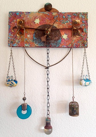 plaque, rust, stars, wall hanging, glow-in-the-dark, mixed-media, steampunk, copper, cosmic, diorama, 3-D, assemblage by Shawn Marie Hardy