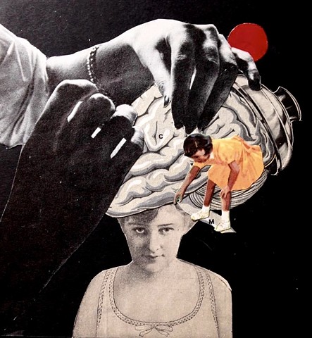Hand cut analog collage 5 x 5” surrealism dada car brain picking