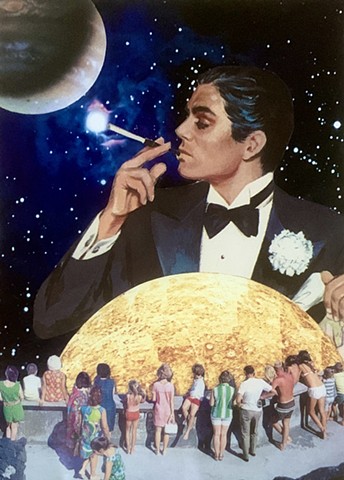Trippy, psychedelic cosmic original hand-cut collage art, featuring a well-dressed smoking man putting on a show for his favorite spectators, in a starry universe.