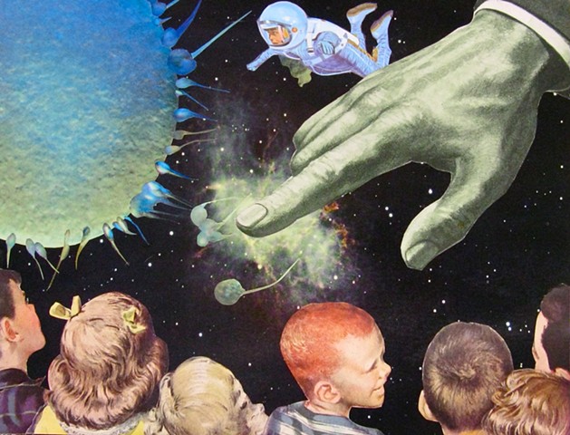 These kids have a front row seat to their first sex ed class in outer space. Careful not to get too close to that ovum! analog collage collage-a-dada shawn marie hardy