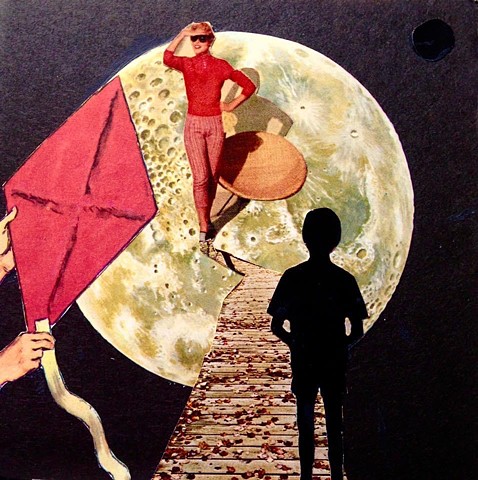 Hand cut analog collage 5 x 5” surrealism dada Moon Travel 